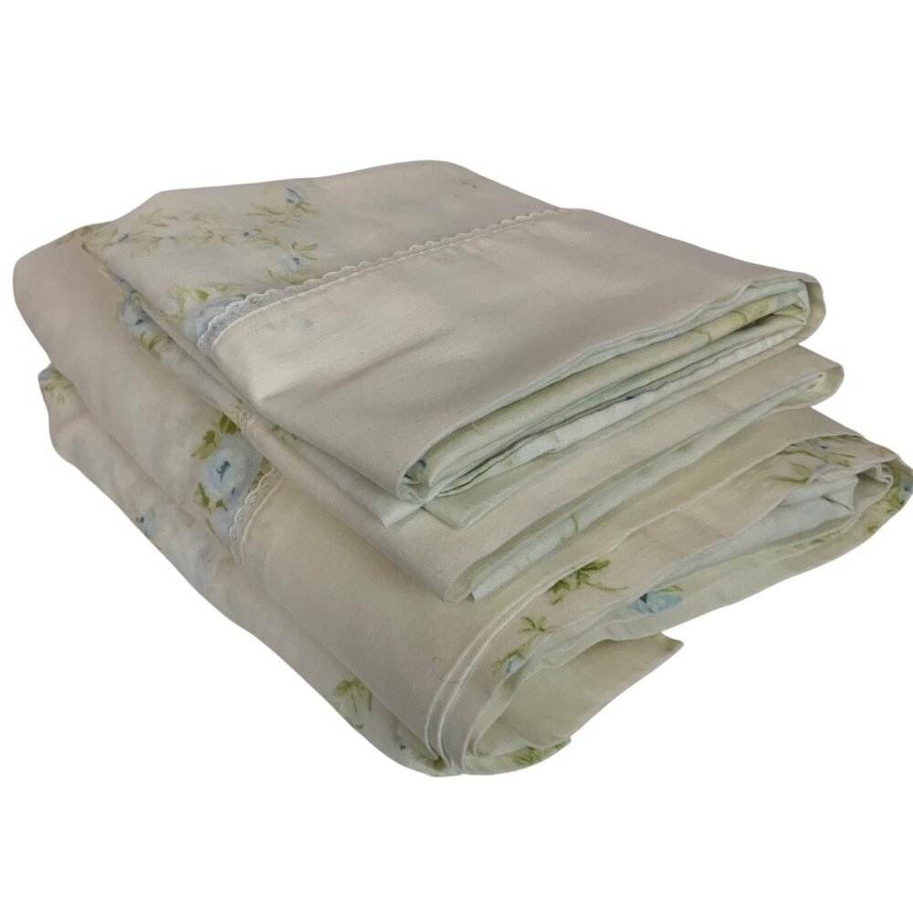 Vintage Dantrel Muslin Double Full Sheet Set 2 Standard Shams White Blue Floral